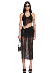 Black Lace Halter Crop Top And Midi Skirt Set