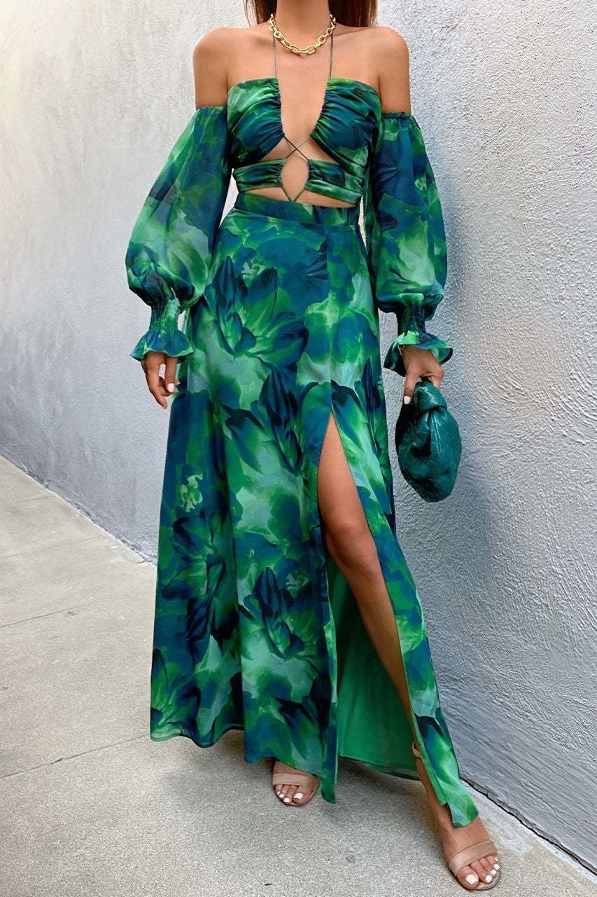 Green Flora Print Off-shoulder Backless Maxi Dress