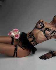 Black Rose Embroidery Tulle Lingerie Set