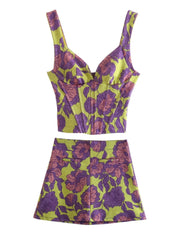 Purple Floral  Jacquard Corset Top And Mini Skirt