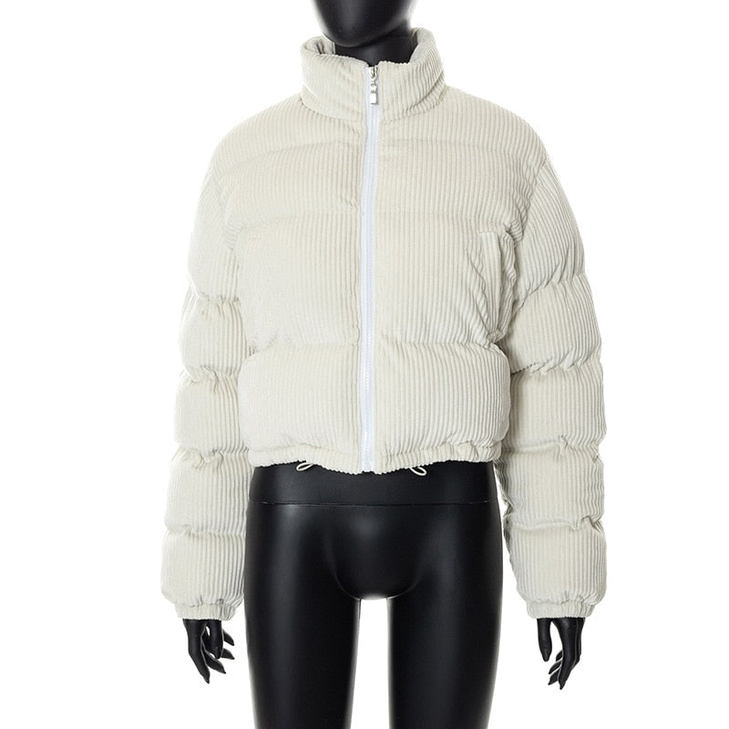 White Corduroy Cropped Puffer Zipper Jacket