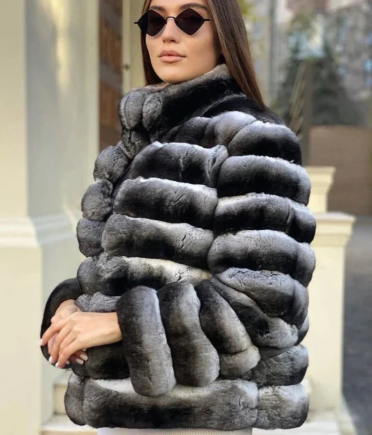 Chinchilla Style Genuine Rex Rabbit Fur Coat Short