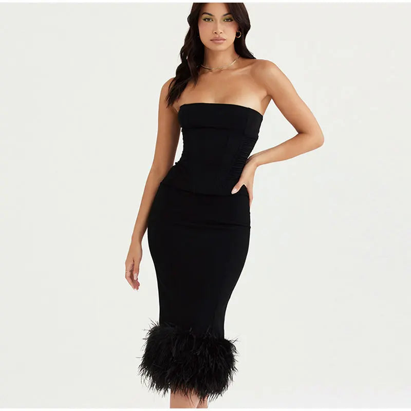 Corset Tube Fur Trim Bodycon Midi Dress