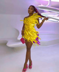 Yellow Feather Mini Dress