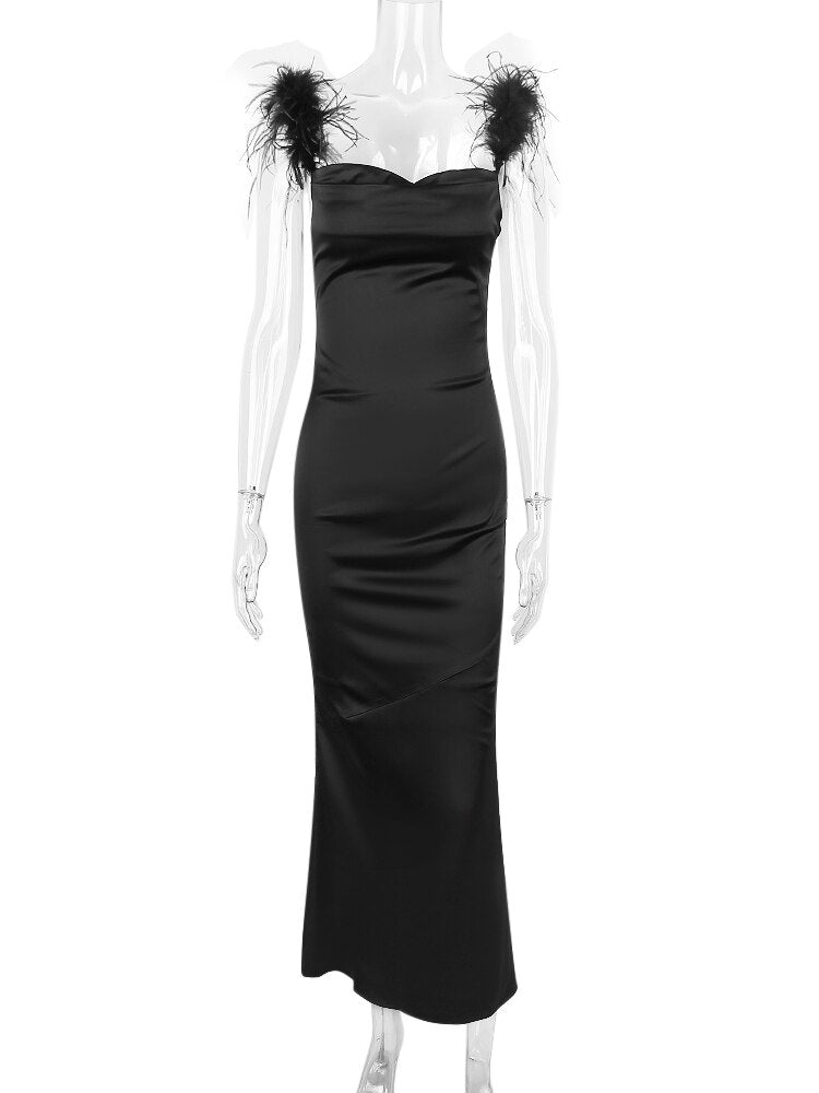 Fur Strap Black Satin Maxi Slip Dress