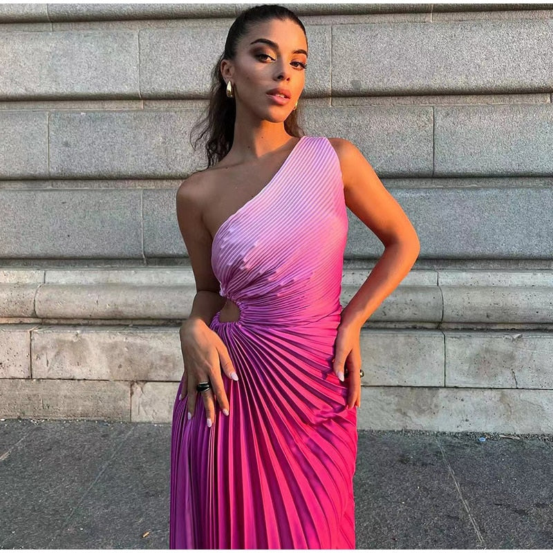 Pink Gradient Pleated One-Shoulder Maxi Dress