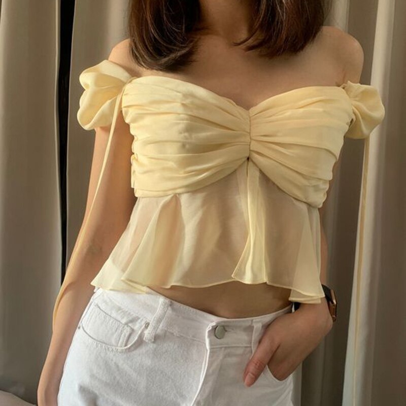 Mesh Ruched Off-shoulder Crop Top