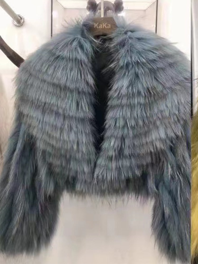 Knitted Real Fur Crop Coats Big Turn-down Collar