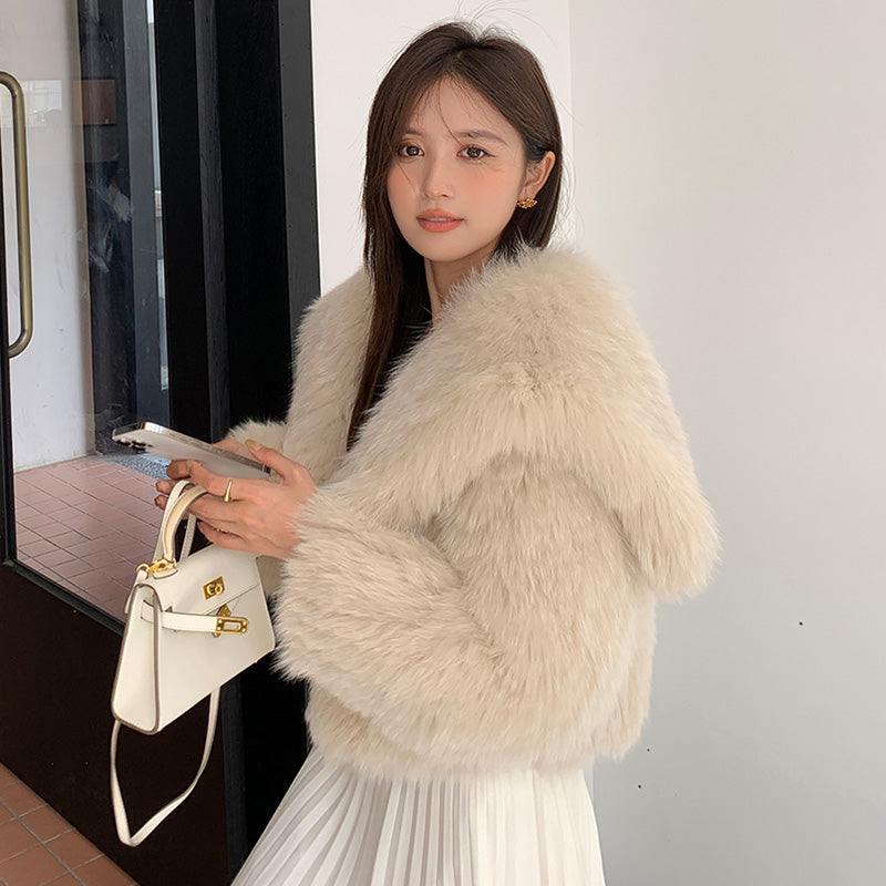 Fluffy Large Collar Knitted Real Fur Coats