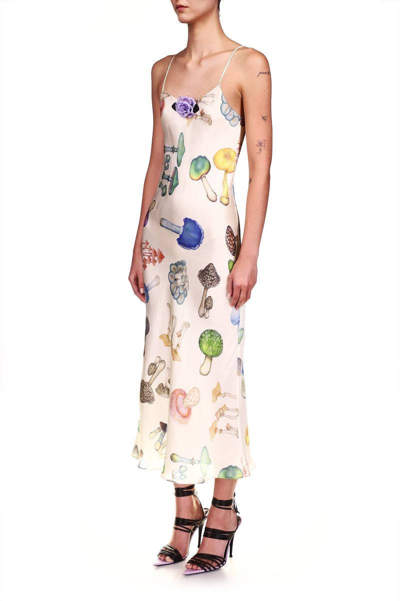 Mushroom Print Satin Maxi Slip Dress