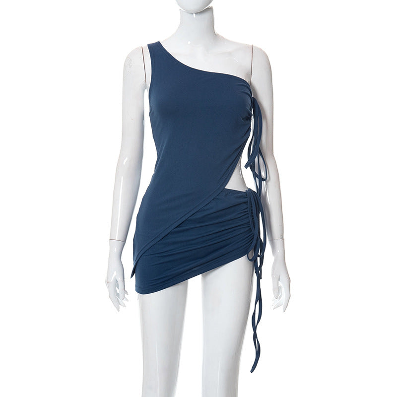 One Shoulder Drawstring Blue Skirt And Top Set