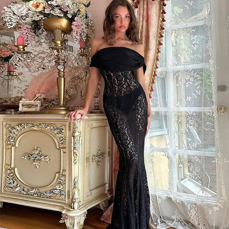 Black Sheer Lace Off Shoulder Maxi Dress