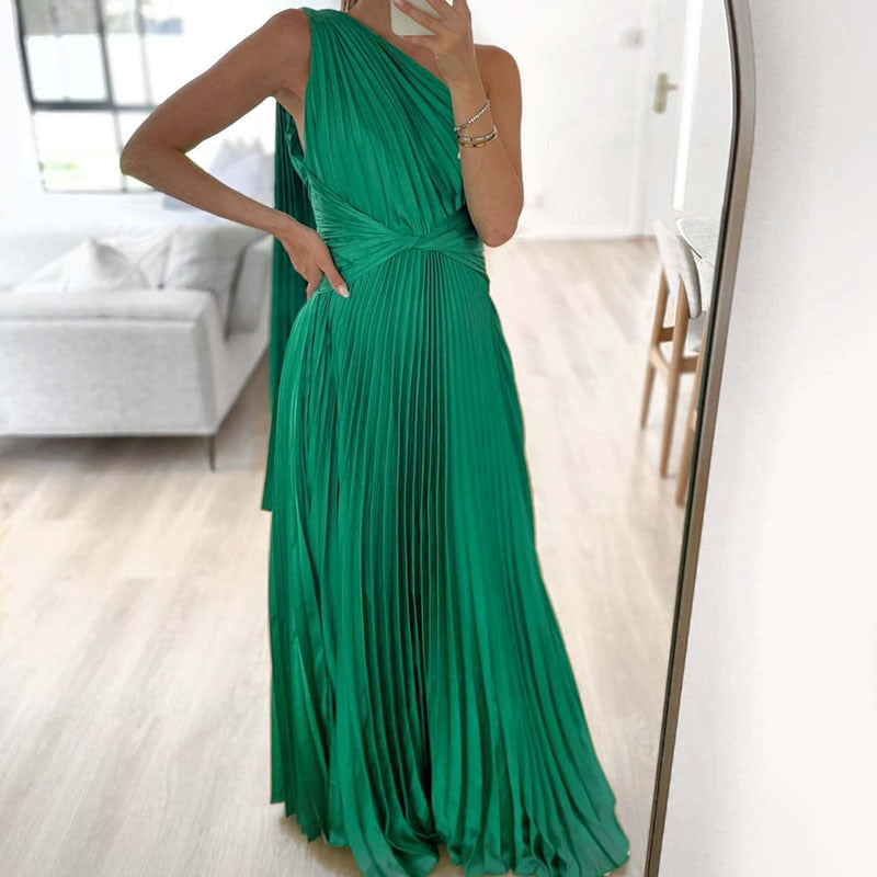 Satin Pleated Drape Sleeve Floor-Length Dresses