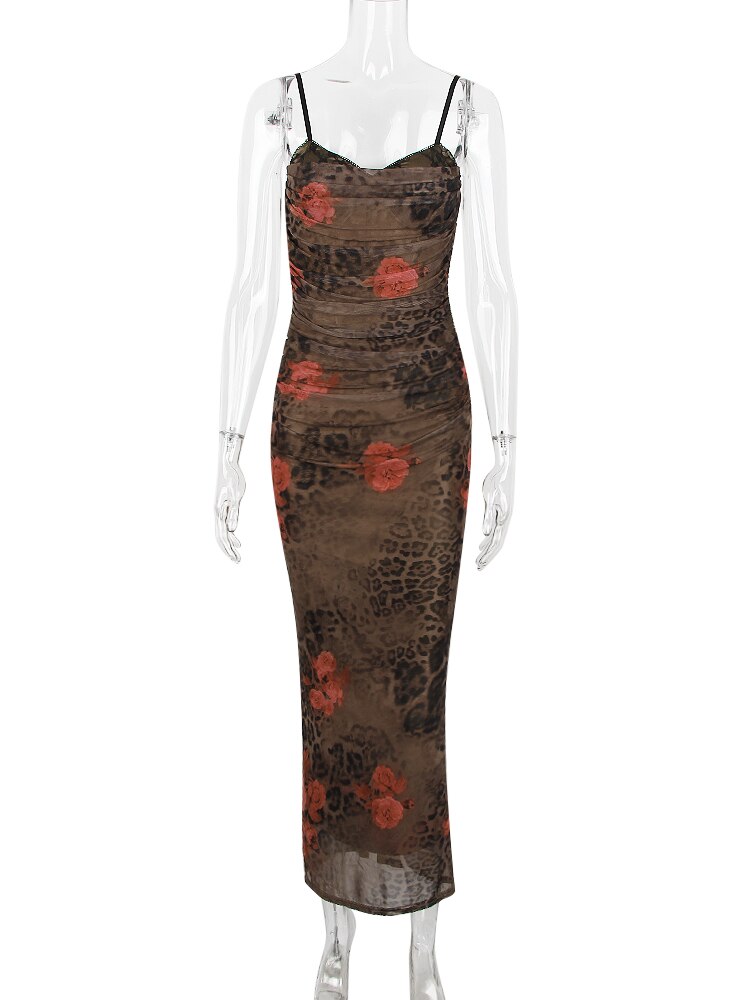 Brown Mesh Printed Corset Midi Dress