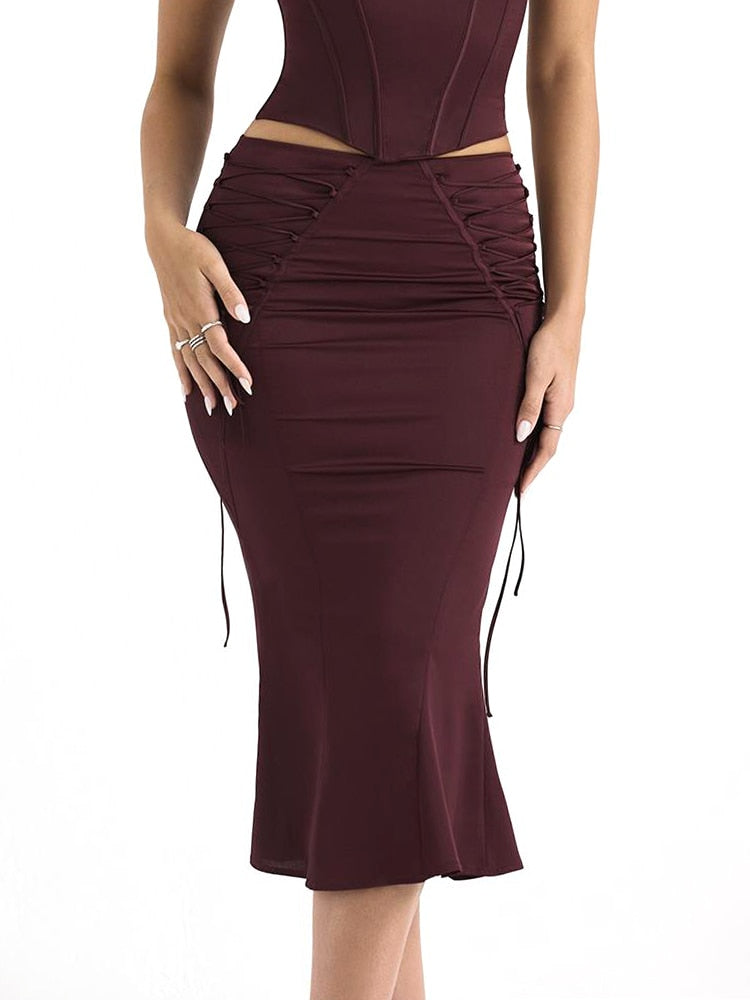 Burgundy Strap Corset Top And Lace Tie-Up Midi Skirt Set