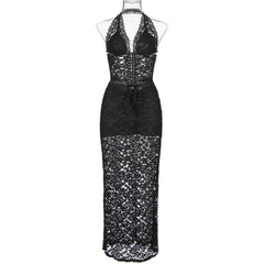 Black Lace Mesh Halter And Maxi Skirt Set