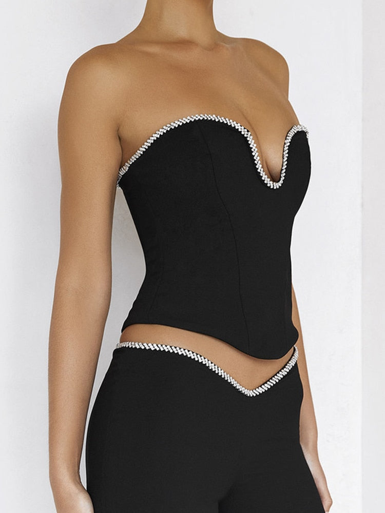 Black Crystal Trim Corset Top