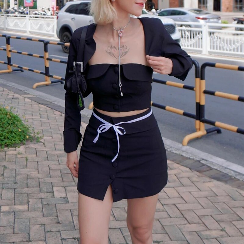 Black Long Sleeve Button Crop Top And Mini Skirt Set