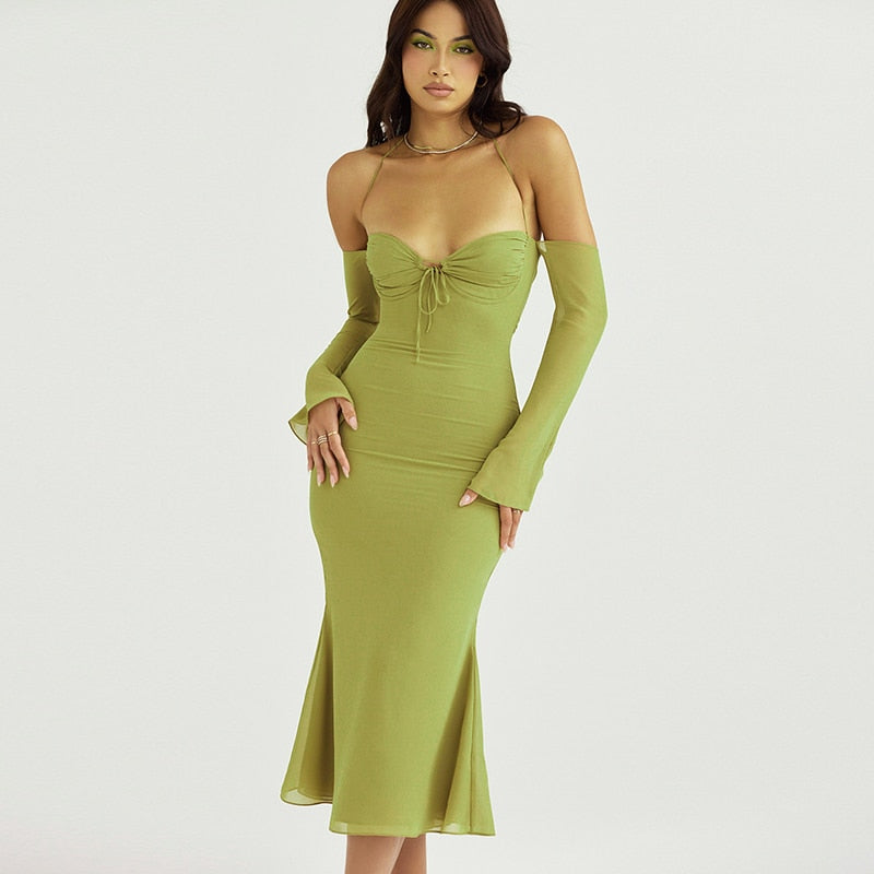 Halter Off Shoulder Long Sleeve Midi Dresses