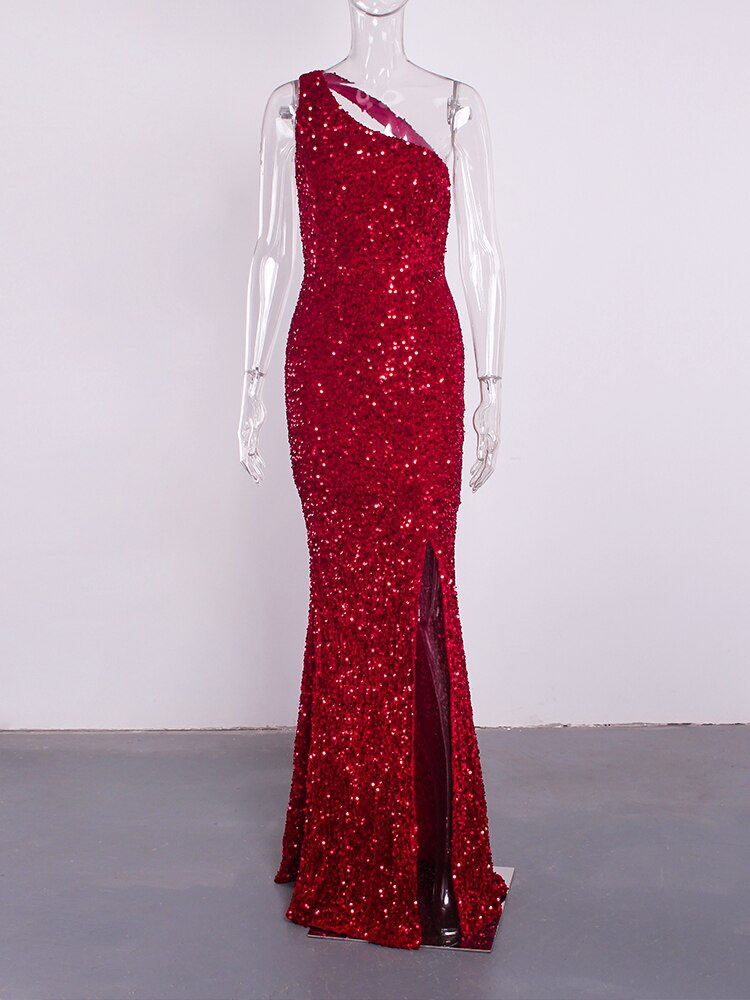 Red Sequin One Shoulder Sleeveless Maxi Dress