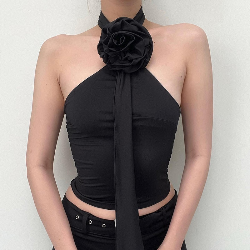 Black Flower Brooch Halter Draped Multi-Way Top