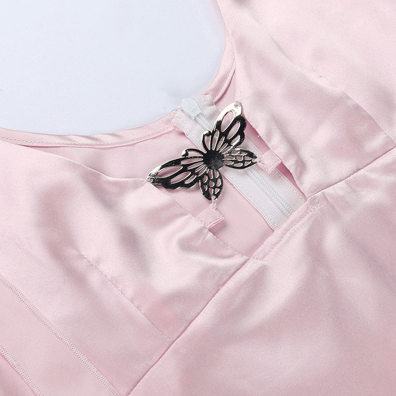 Satin Butterfly Charm Tie-Up Mini Dress