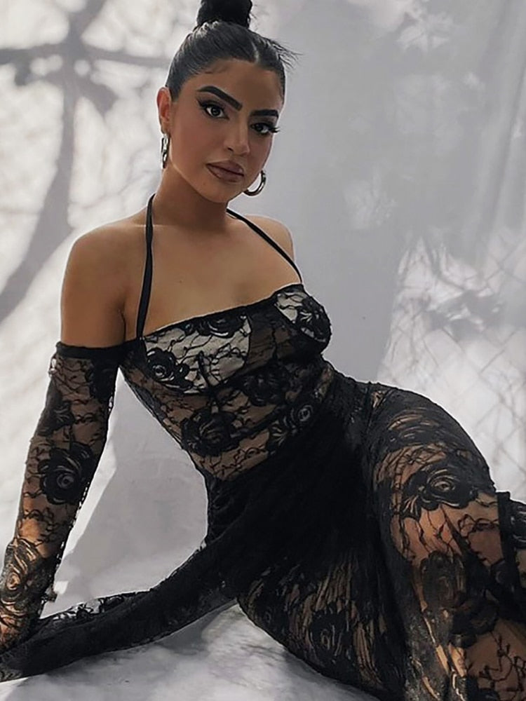 Black Lace Mesh Offshoulder Midi Dress