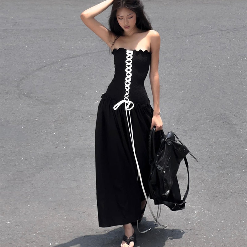 Black Tube Ruched Lace Up Maxi Dress