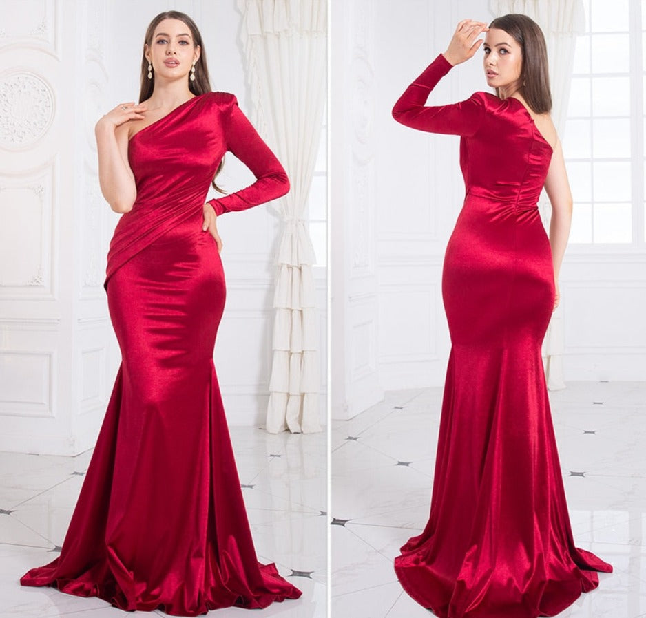 Satin One Shoulder Full Sleeve Mermaid Gown