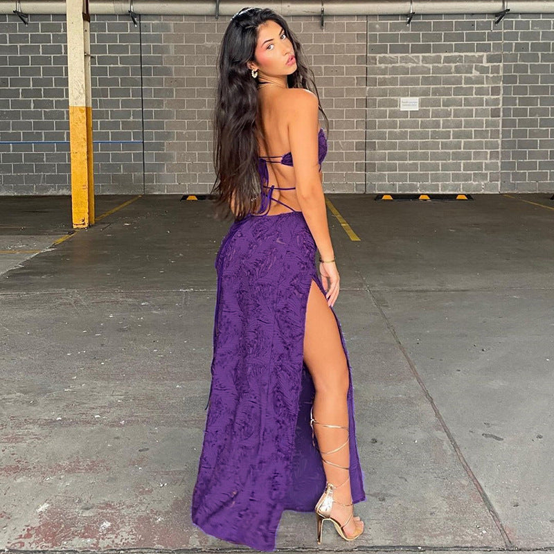 Purple Tube Crop Top And Maxi Skirt Tie Up Set