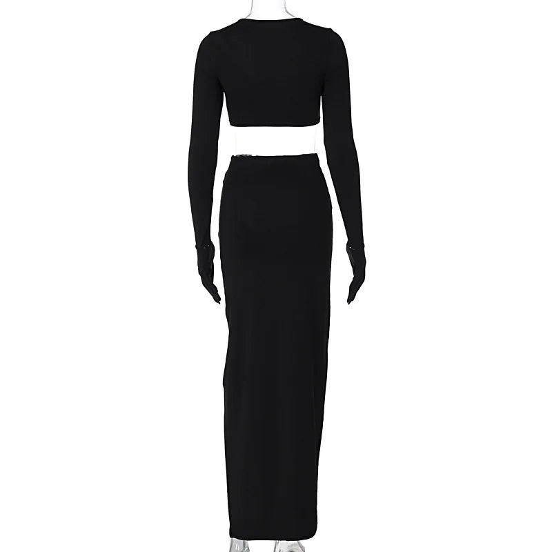 Black Hollow Out Top & Long Skirt With Gloves