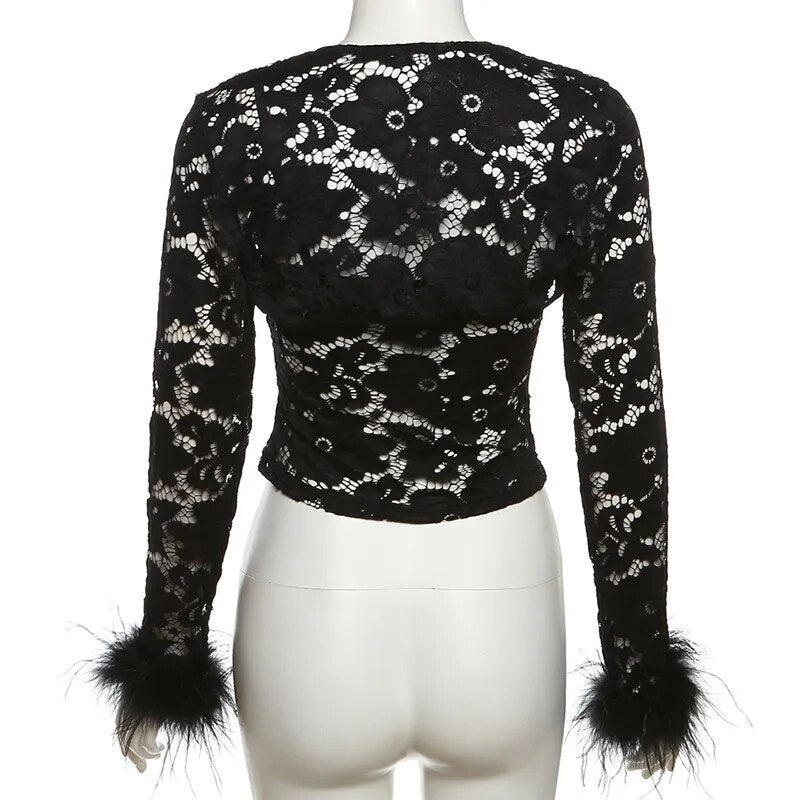 Black Lace Sheer Detachable Long Sleeve Crop Top