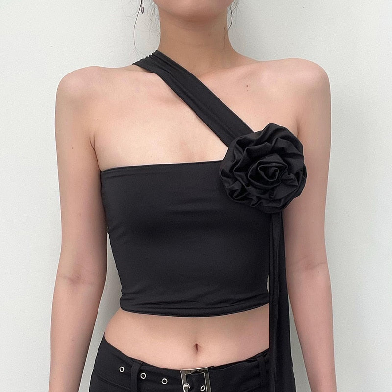 Black Flower Brooch Halter Draped Multi-Way Top