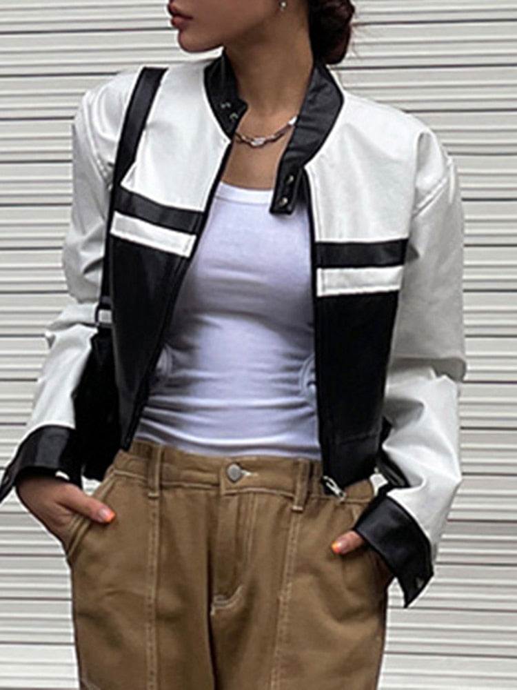 Black And White Stripe Biker Crop Jacket