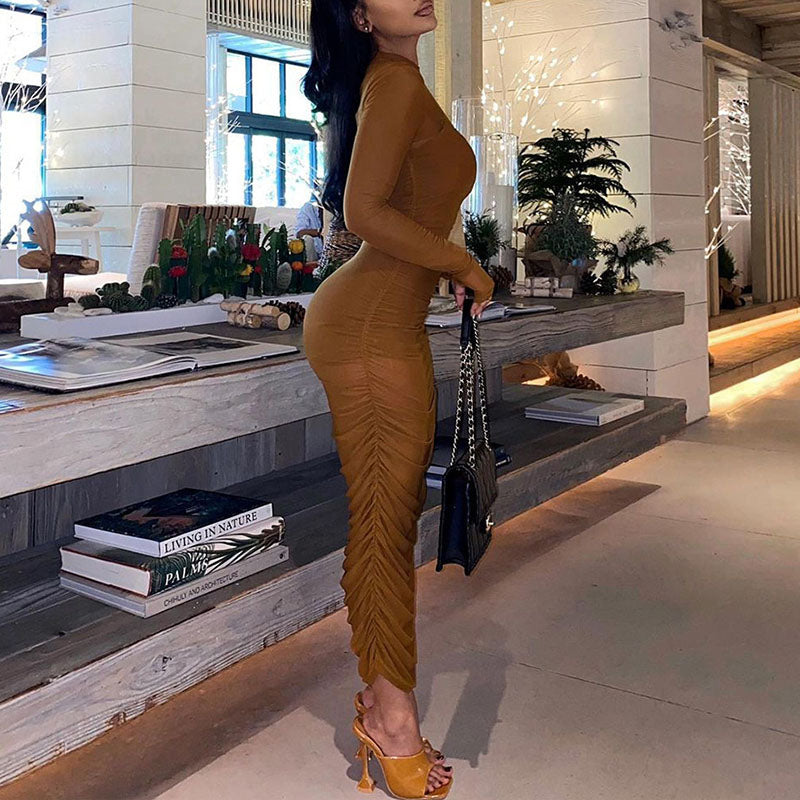 Brown Long Sleeve Mesh Sheer Midi Dress