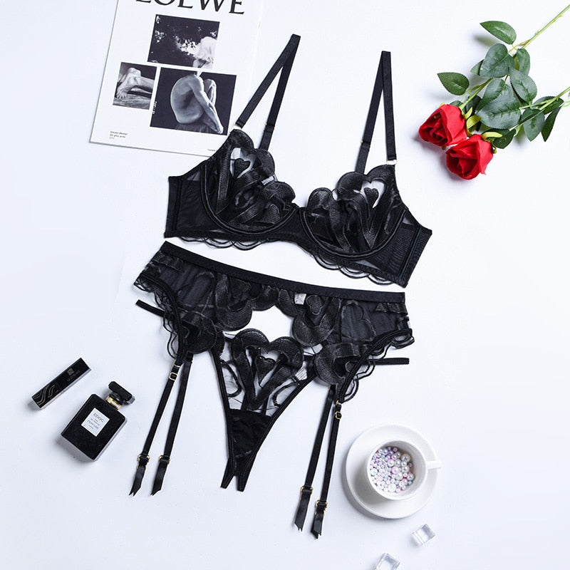 Black Lace Hearts 3-piece Set