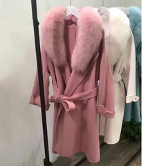 Loose Wool Coat Real Fur Collar Over Sized With Belt