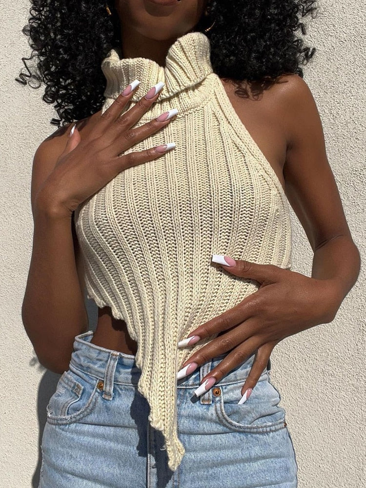 Knitted Turtleneck Backless Crop Top