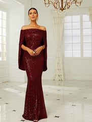 Off Shoulder Drape Sequin Maxi Dresses