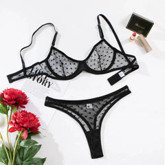 Black Mesh Polka Dot Lingerie Set