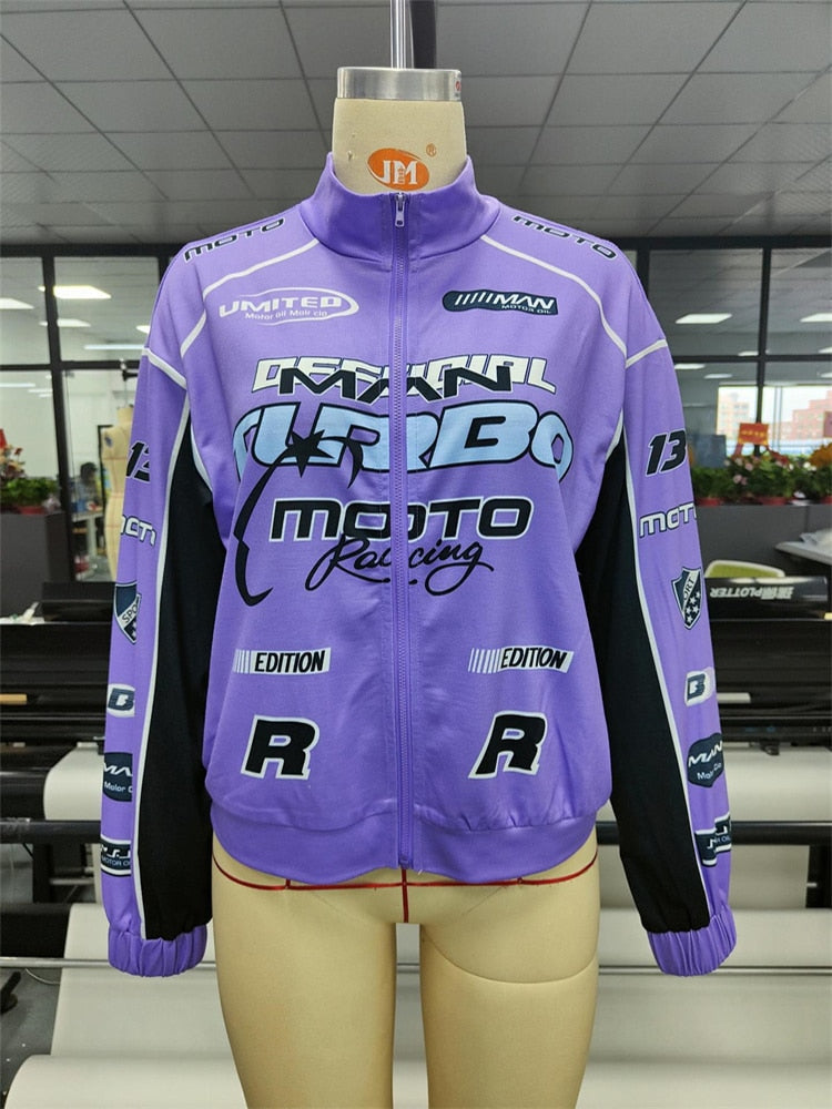 Purple Letter Graphics Nascar Bomber Jacket