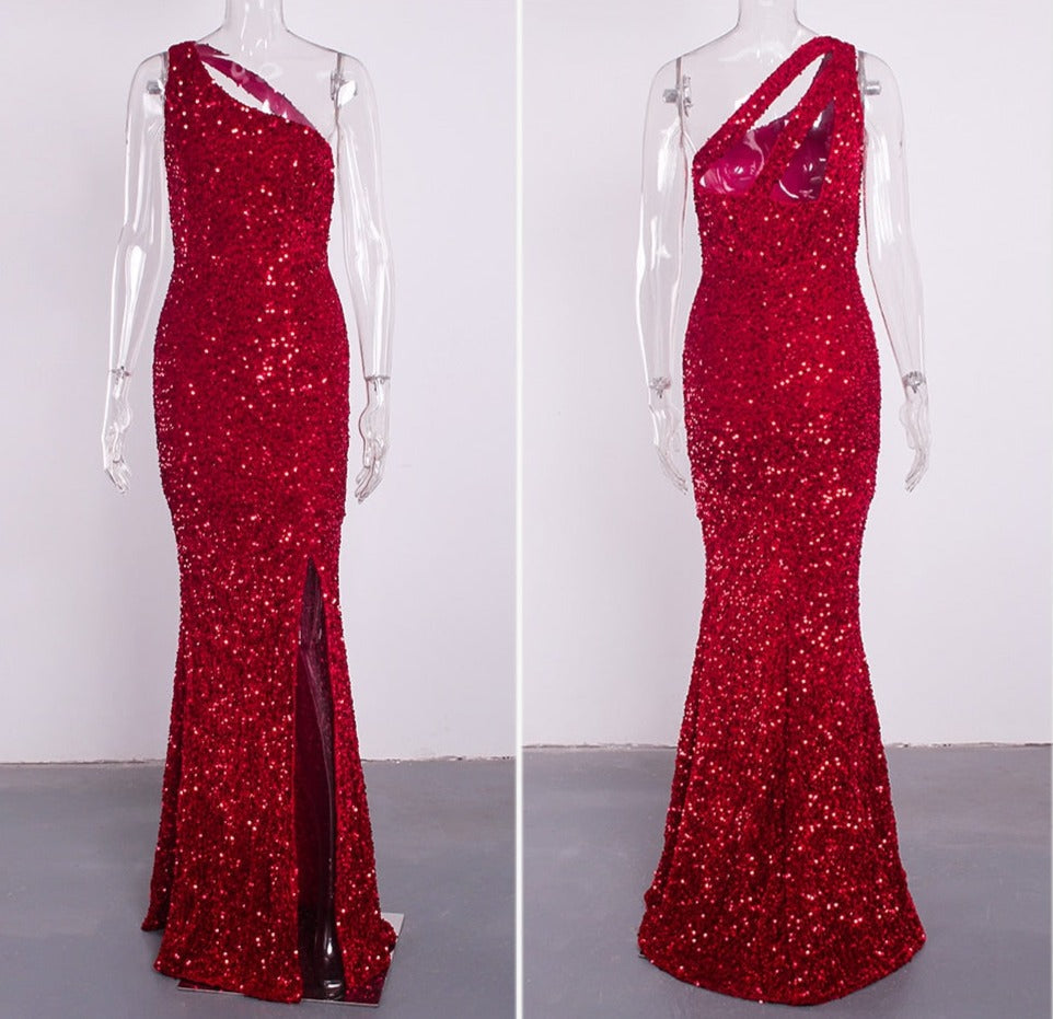 Red Sequin One Shoulder Sleeveless Maxi Dress