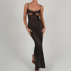 Black Polka Dot Lace Sheer Cupped Maxi Dress