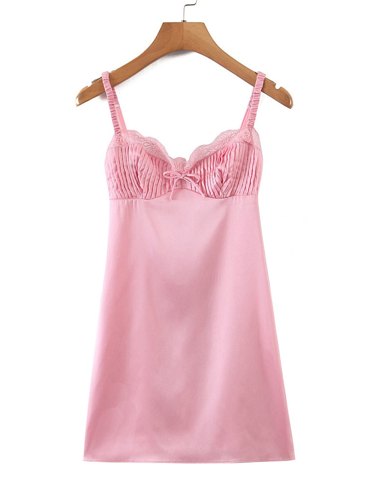 Pink Satin Pleated Cupped Strap Slip Dress