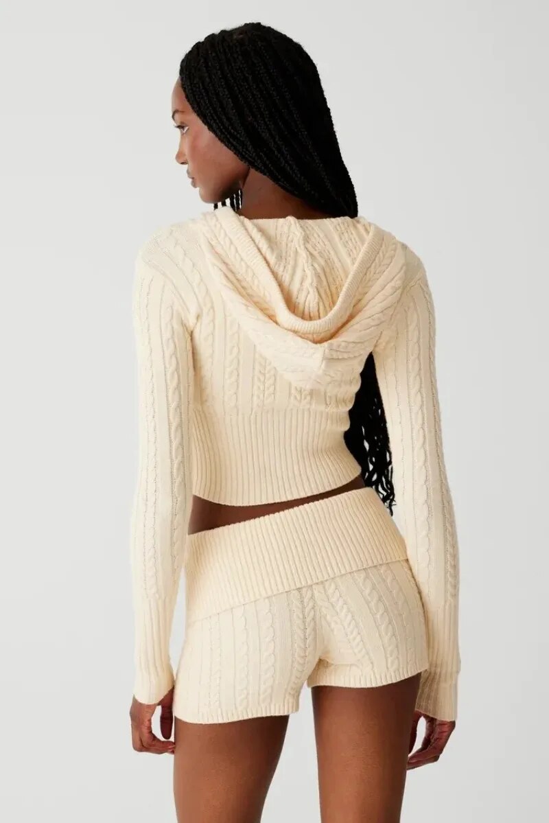 Knitted Zipper Hoddie Top And High Waist Short Set