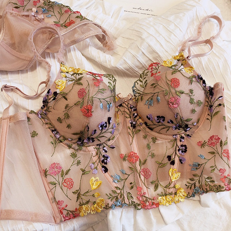 Floral Embroidery Padded Push Up 2 Piece Set