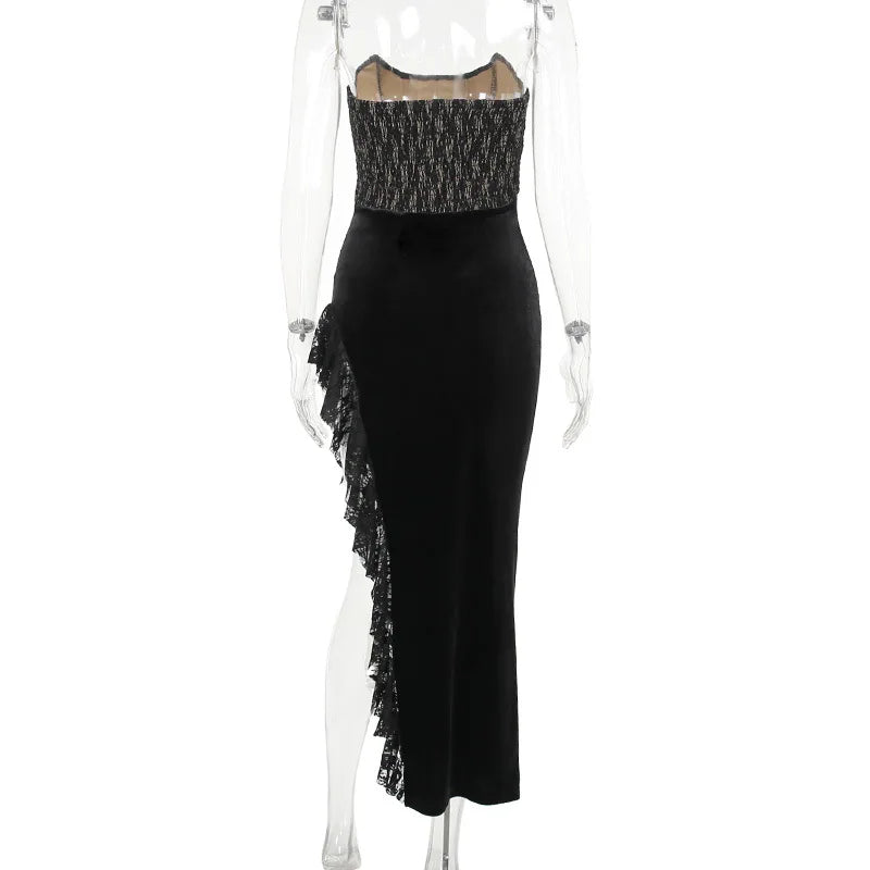 Black Lace Tube Frill Slit Maxi Dress