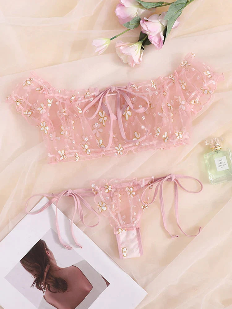 Pink Mesh Off-shoulder Lingerie Set