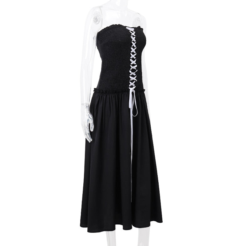 Black Tube Ruched Lace Up Maxi Dress