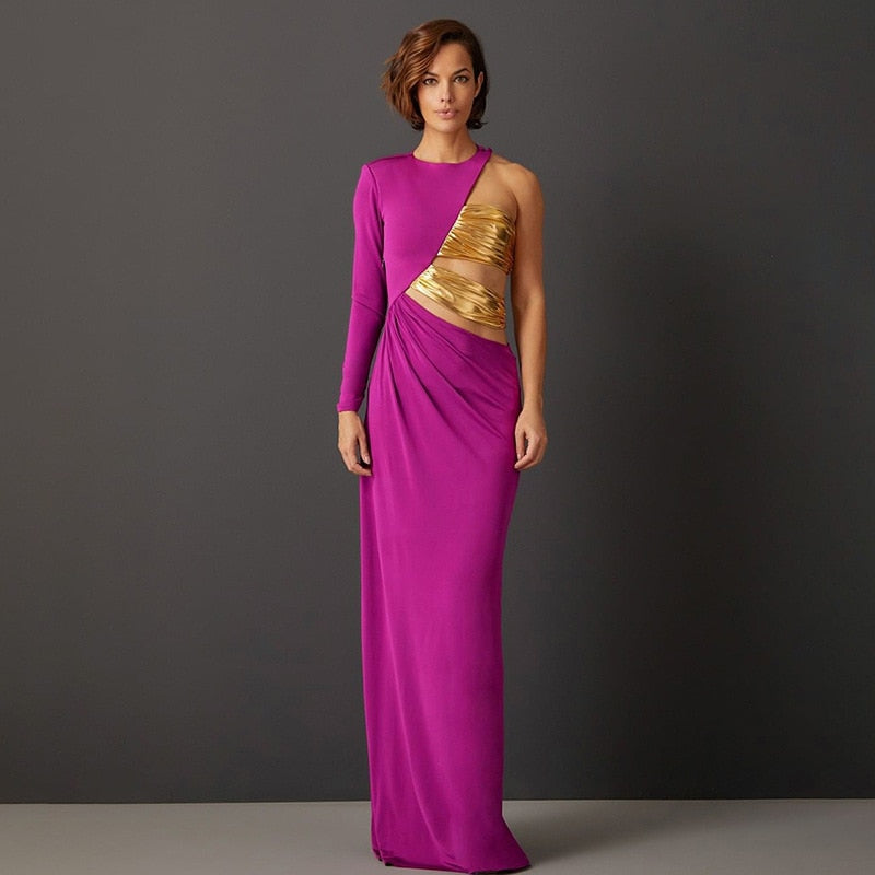 One Shoulder Long Sleeve Golden Tube Asymmetric Cut Maxi Dress